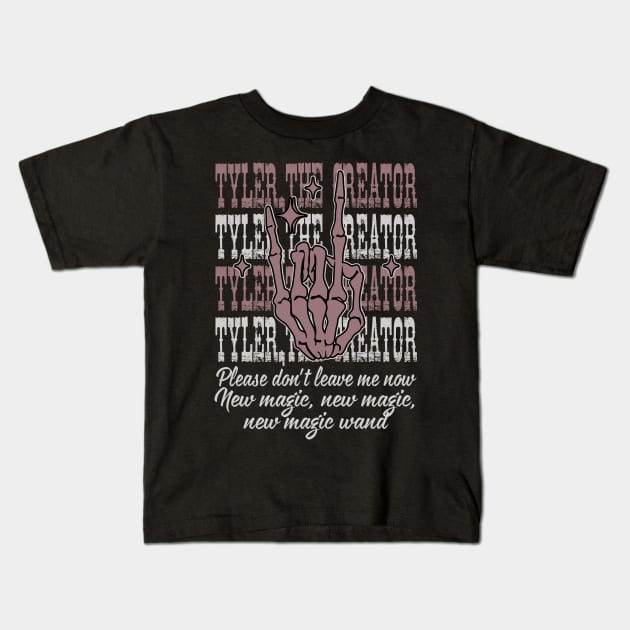 Please don't leave me now. New magic, new magic, new magic wand Skeletons Outlaw Music Quotes Kids T-Shirt by Beetle Golf